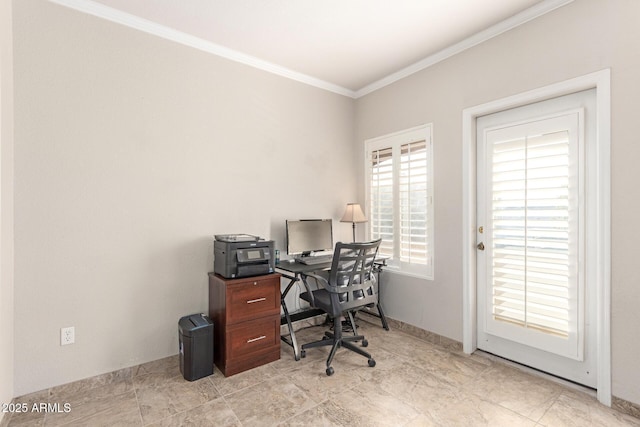 home office with ornamental molding