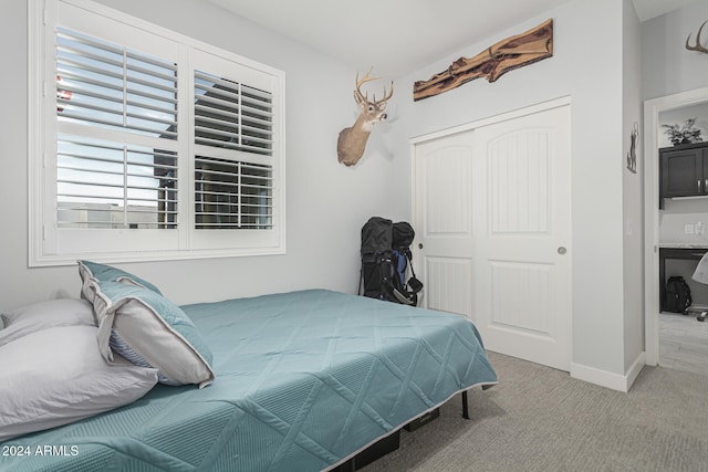 carpeted bedroom with a closet