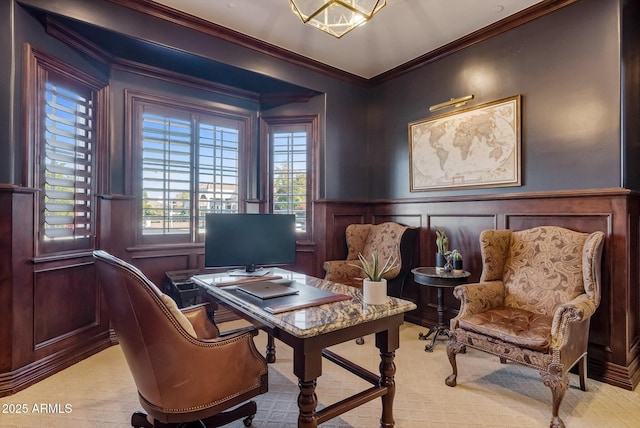 carpeted office space featuring ornamental molding