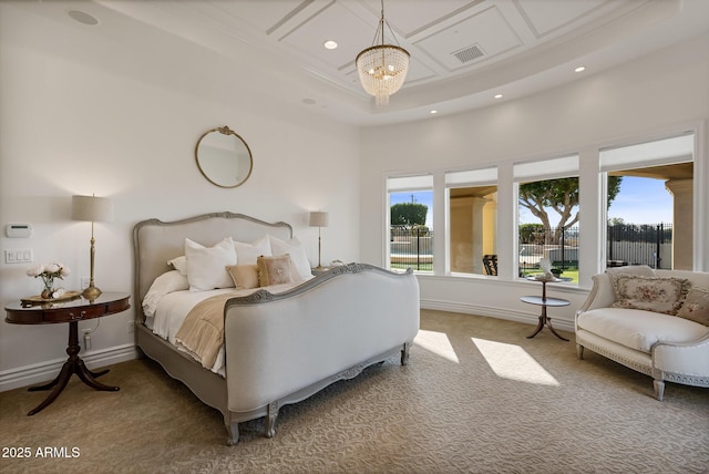 bedroom with carpet floors, coffered ceiling, and an inviting chandelier