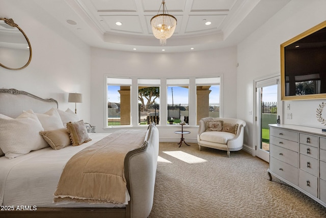 bedroom with a towering ceiling, ornamental molding, coffered ceiling, light colored carpet, and access to exterior