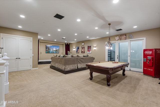 playroom featuring light carpet and pool table