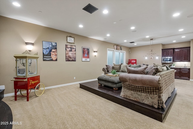 living room with light colored carpet