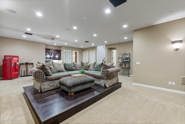 living room with light colored carpet