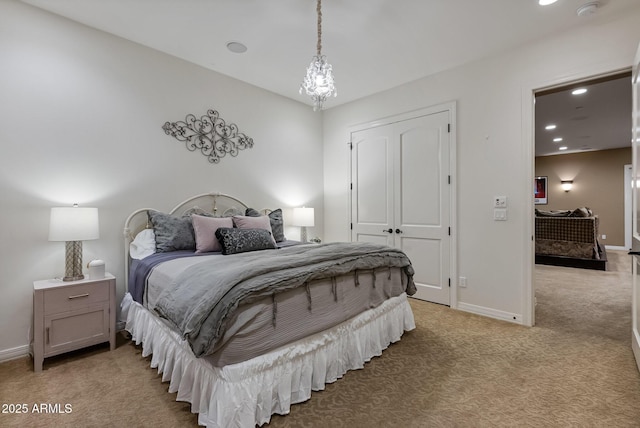 bedroom with light carpet