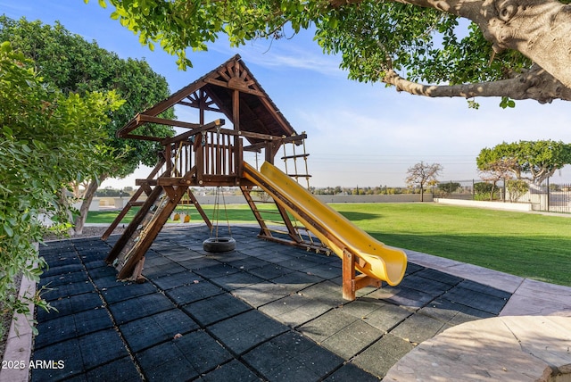 view of play area with a yard