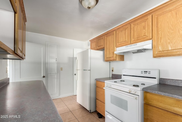 813 N Gilbert Ave, Casa Grande, AZ 85122 - kitchen with white appliances, dark countertops, under cabinet range hood, and light tile patterned floors