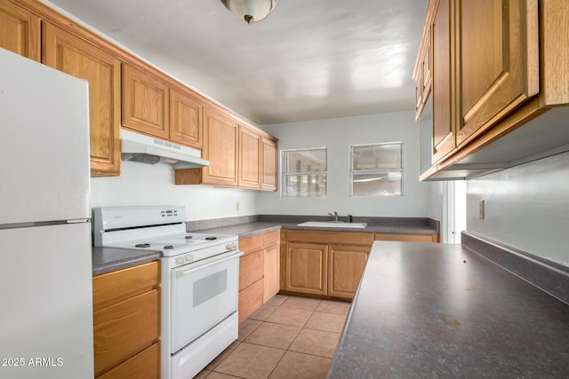 813 N Gilbert Ave, Casa Grande, AZ 85122 - kitchen with light tile patterned flooring, dark countertops, white appliances, under cabinet range hood, and a sink