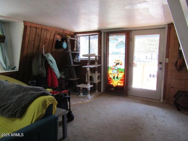 interior space featuring a textured ceiling and carpet