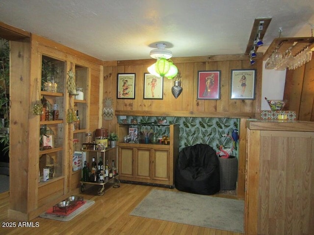 interior space featuring wooden walls and wood finished floors