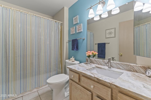 full bathroom with tile patterned flooring, vanity, shower / tub combo with curtain, and toilet