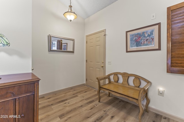 sitting room with vaulted ceiling, light hardwood / wood-style flooring, and a textured ceiling