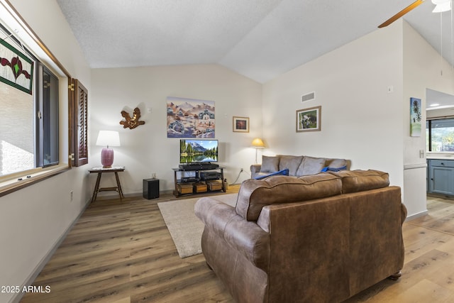 living room featuring lofted ceiling, hardwood / wood-style flooring, and ceiling fan