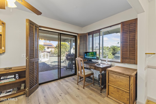 office space with ceiling fan and light wood-type flooring