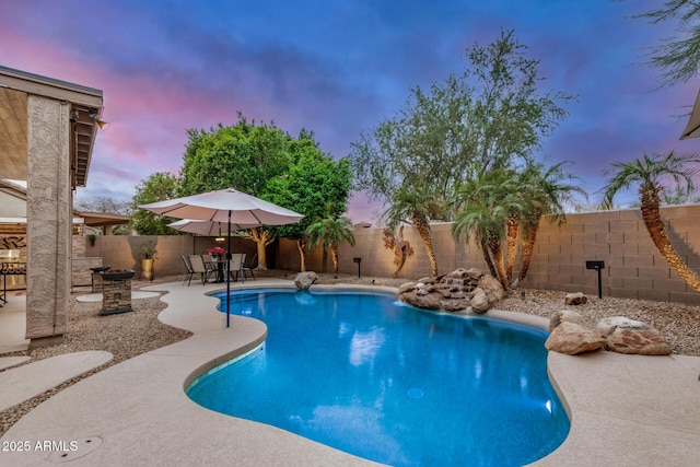 pool at dusk with a patio, a fenced backyard, and a fenced in pool