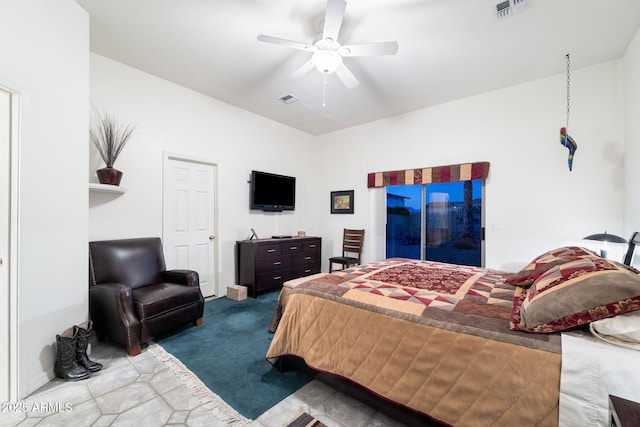 bedroom with access to exterior and ceiling fan