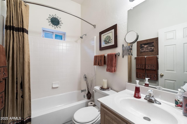 full bathroom with vanity, shower / bathtub combination with curtain, and toilet