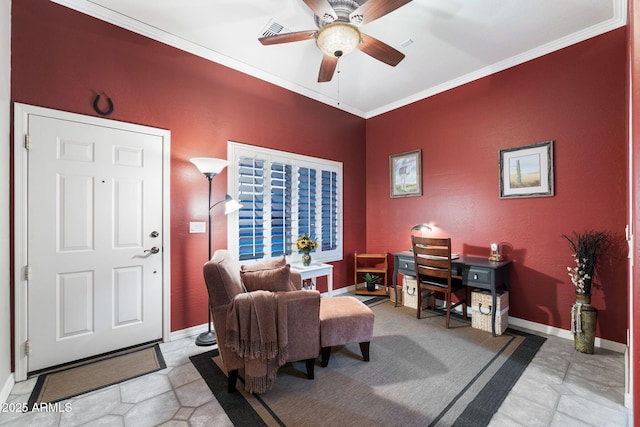 office space with crown molding and ceiling fan