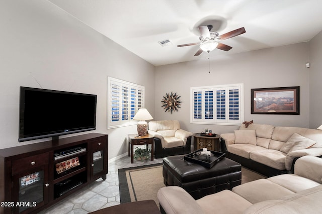 living room with ceiling fan