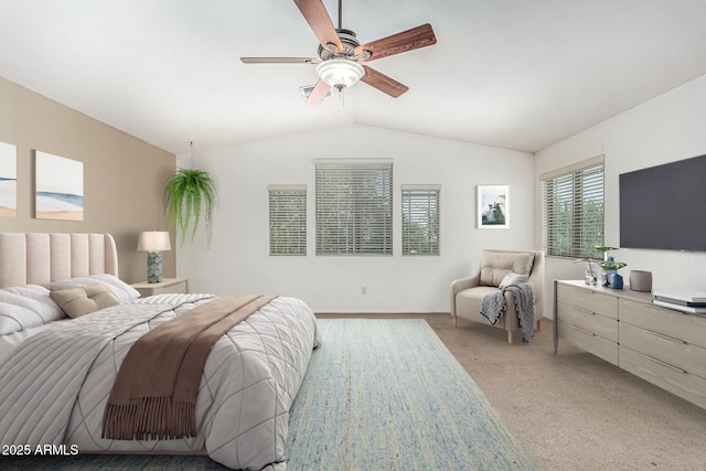 4507 E Lantern Pl, Gilbert, AZ 85297 - bedroom featuring vaulted ceiling, light colored carpet, and a ceiling fan