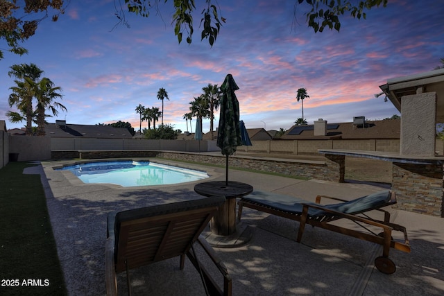 view of pool with a patio area, a fenced backyard, and a fenced in pool