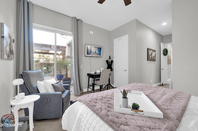 bedroom featuring access to exterior and ceiling fan