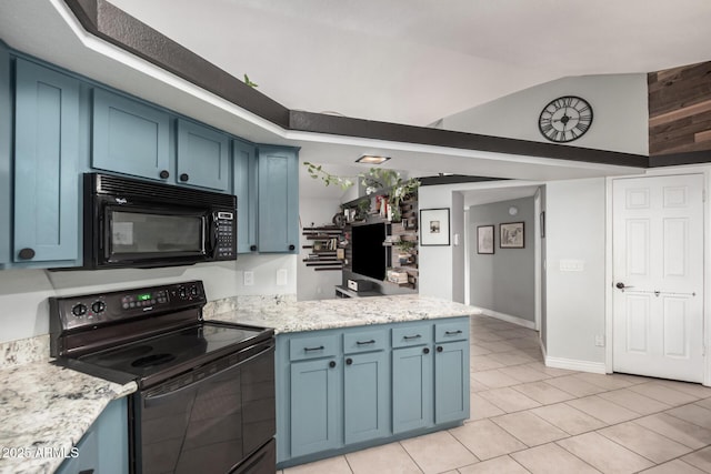kitchen featuring black appliances, blue cabinets, a peninsula, light tile patterned flooring, and lofted ceiling