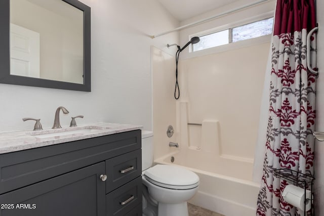 full bathroom with vanity, toilet, and shower / bath combo with shower curtain