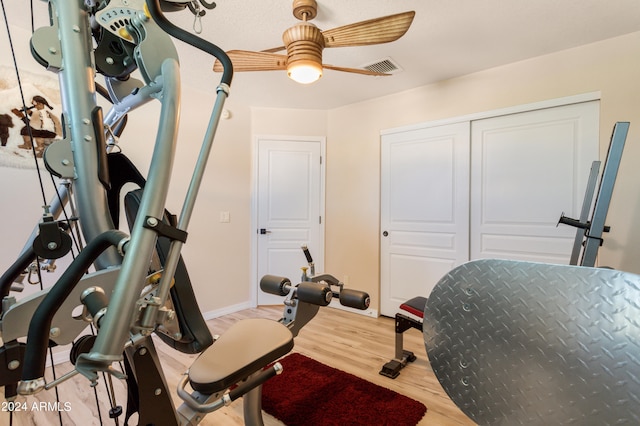 exercise room with ceiling fan and light hardwood / wood-style flooring