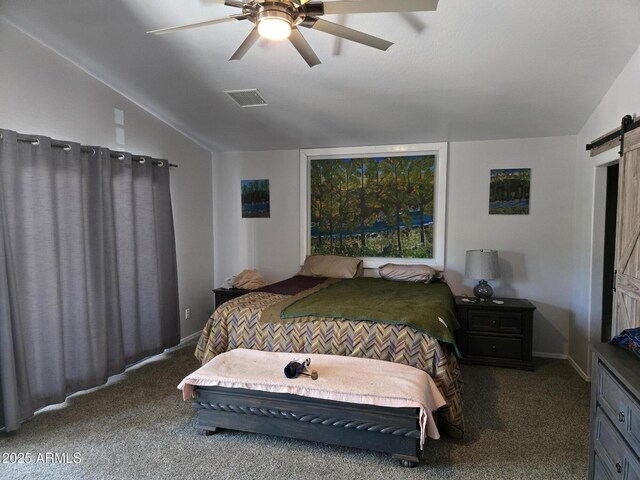 9016 W Fossil Creek Rd, Pine, AZ 85544 - bedroom with a barn door, carpet, lofted ceiling, baseboards, and a ceiling fan