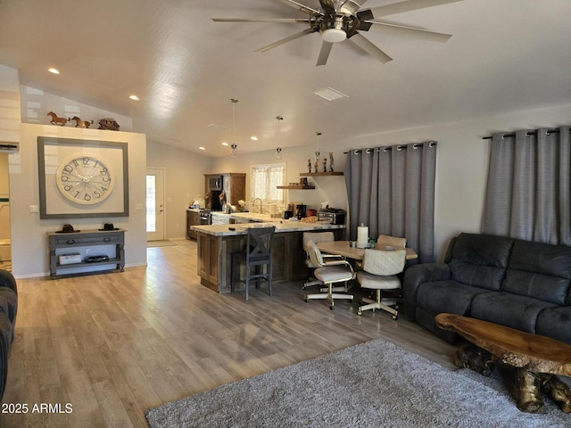 9016 W Fossil Creek Rd, Pine, AZ 85544 - living room featuring ceiling fan, light wood-type flooring, lofted ceiling, and recessed lighting