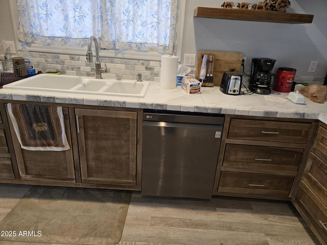 9016 W Fossil Creek Rd, Pine, AZ 85544 - kitchen featuring dishwasher, a sink, dark brown cabinetry, and light countertops