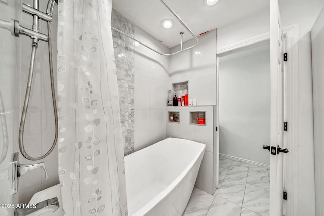 6215 E Surrey Ave, Scottsdale, AZ 85254 - full bathroom featuring marble look tiles, a freestanding tub, a shower with shower curtain, and recessed lighting