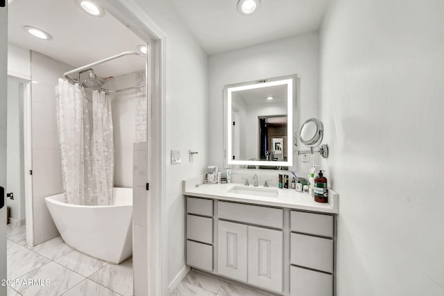 6215 E Surrey Ave, Scottsdale, AZ 85254 - bathroom with marble finish flooring, vanity, recessed lighting, and shower / bathtub combination with curtain