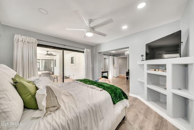 6215 E Surrey Ave, Scottsdale, AZ 85254 - bedroom featuring wood finished floors, recessed lighting, access to outside, and a ceiling fan