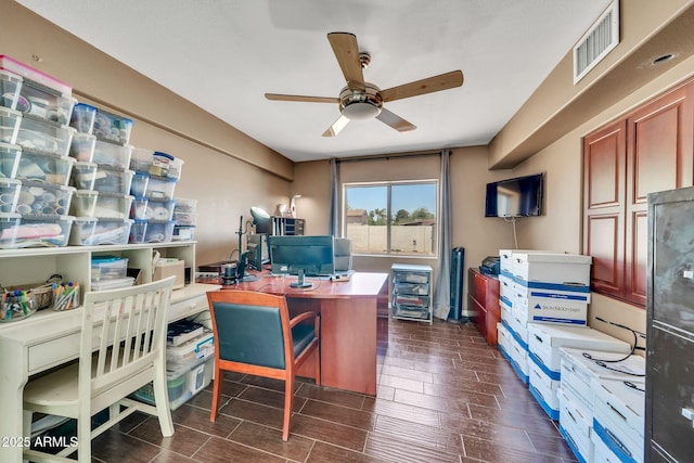 6215 E Surrey Ave, Scottsdale, AZ 85254 - home office featuring a ceiling fan and dark wood finished floors