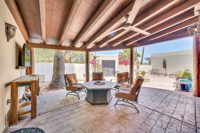 6215 E Surrey Ave, Scottsdale, AZ 85254 - view of patio / terrace with a fire pit and a ceiling fan