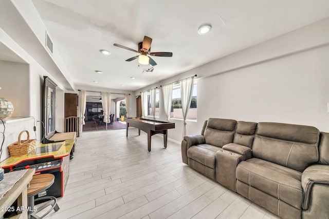 6215 E Surrey Ave, Scottsdale, AZ 85254 - recreation room with a ceiling fan, billiards table, light wood-type flooring, and recessed lighting
