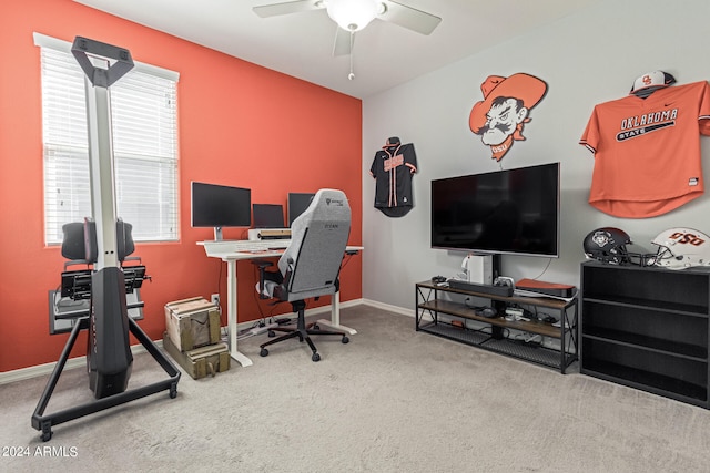 carpeted office with ceiling fan