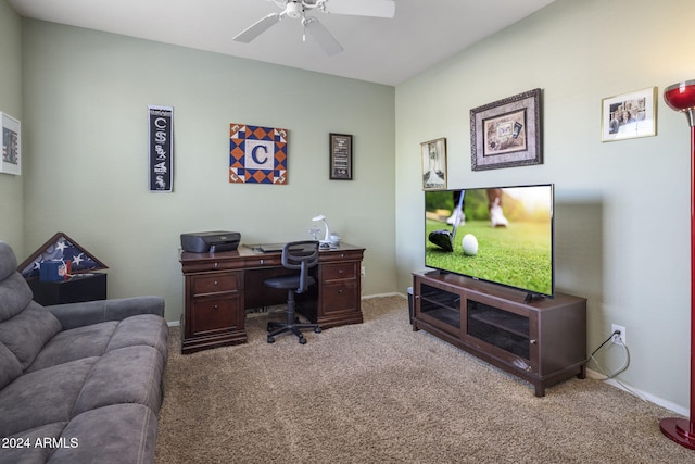 carpeted home office with ceiling fan