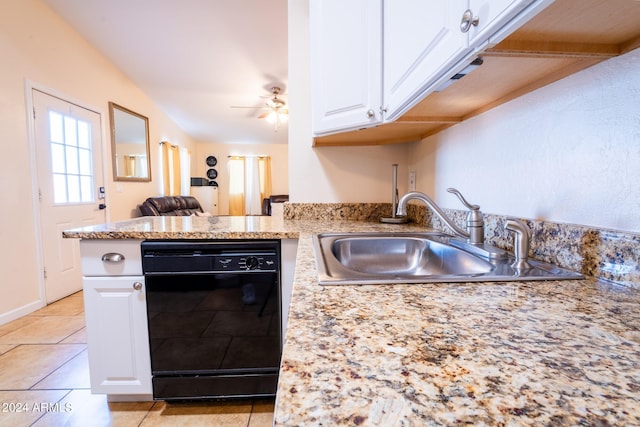 kitchen with ceiling fan, white cabinets, sink, kitchen peninsula, and black dishwasher