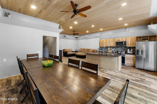 dining area with sink, wooden ceiling, and light wood-type flooring