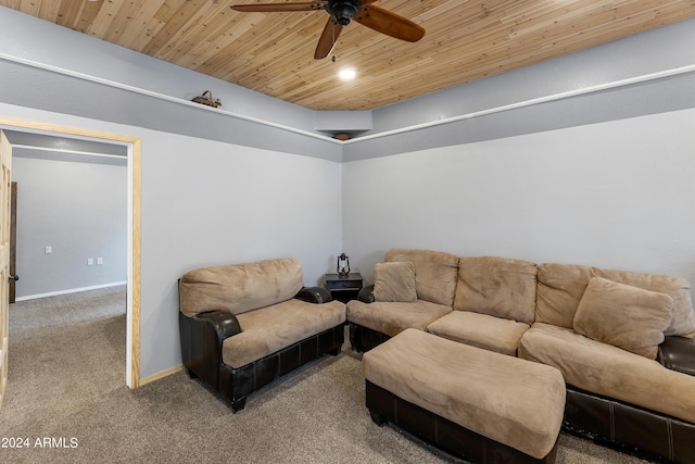 carpeted living room featuring wood ceiling and ceiling fan