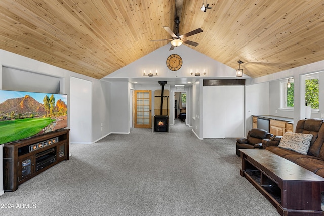 carpeted living room with wood ceiling, vaulted ceiling, ceiling fan, and a wood stove