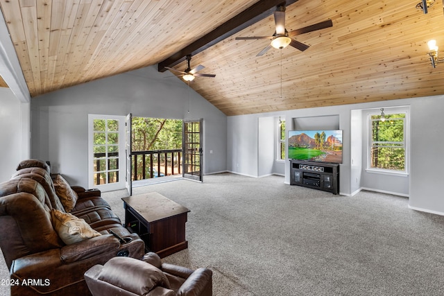 living room with wood ceiling, high vaulted ceiling, beamed ceiling, and carpet flooring