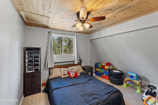 carpeted bedroom with ceiling fan and wood ceiling