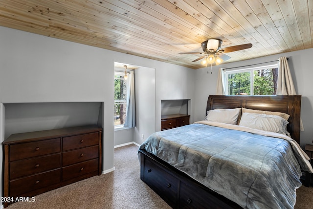 bedroom featuring ceiling fan, light carpet, and wooden ceiling