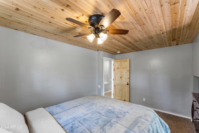 carpeted bedroom with wood ceiling and ceiling fan