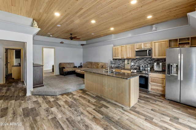 kitchen with tasteful backsplash, sink, light hardwood / wood-style floors, and appliances with stainless steel finishes