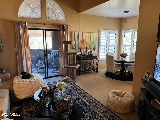 living room featuring a textured ceiling, carpet, and baseboards